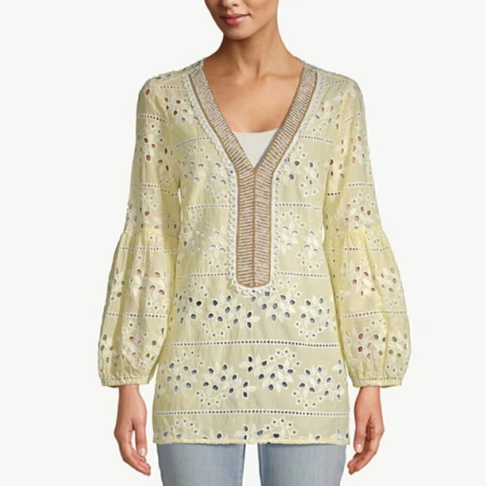 Chico's SZ S Pale Yellow eyelet lightweight cotton top beading party office